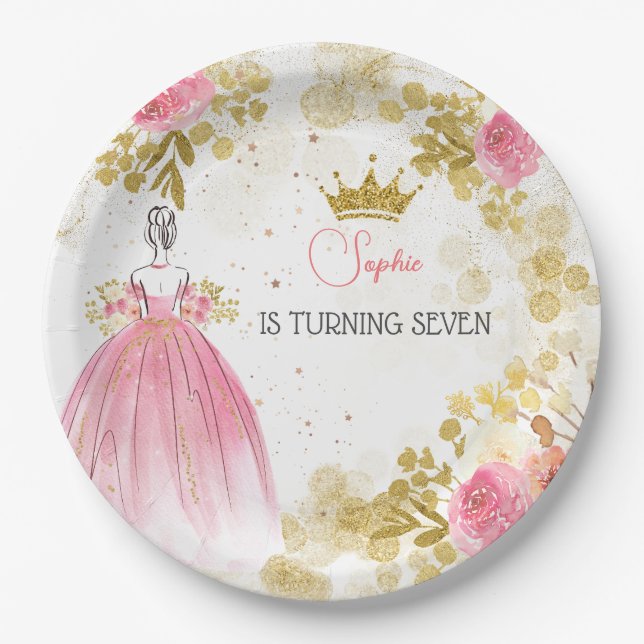 Royal celebration pink princess birthday paper plate (Front)
