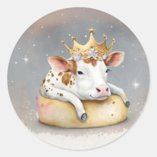 Royal Cow Dreaming on Cheese Throne                Classic Round Sticker