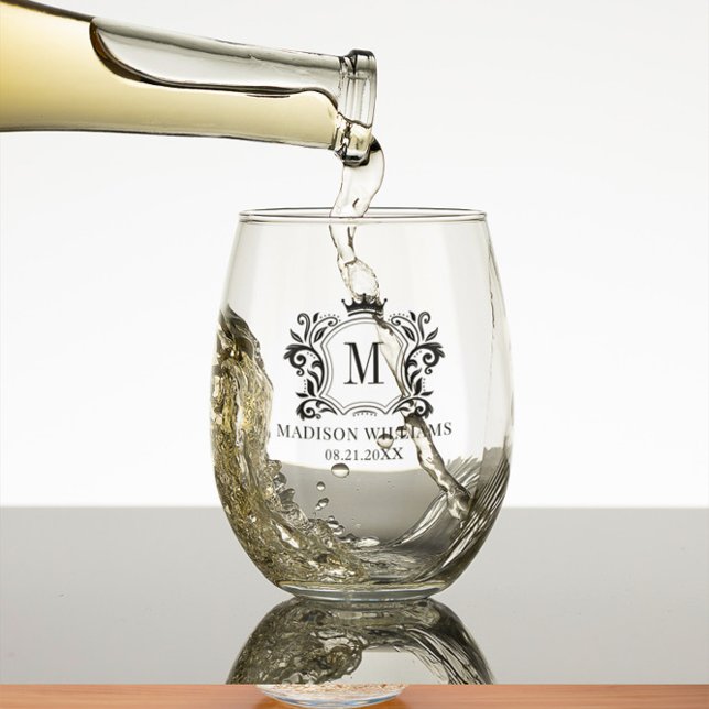 Royal Crest Crown Scrolls Monogram Stemless Wine Glass (Creator Uploaded)