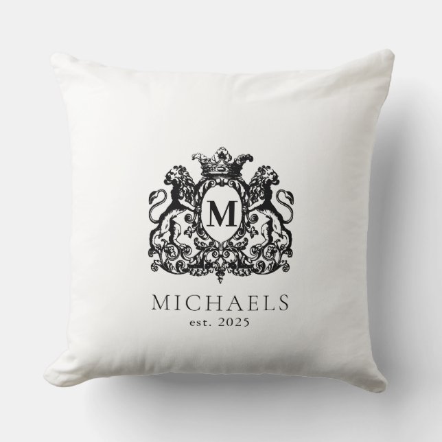 Royal Crest Elegant Wreath Monogram Throw Pillow (Front)