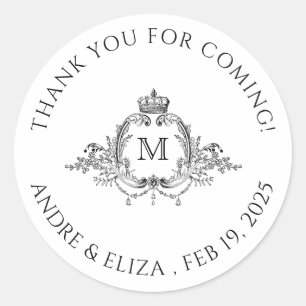 Royal Crest Elegant Wreath Monogram Wedding  Classic Round Sticker