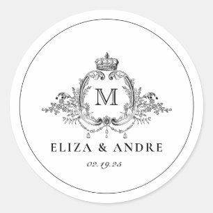 Royal Crest Elegant Wreath Monogram Wedding  Classic Round Sticker