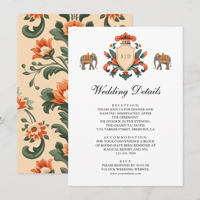 Royal Crest Elephant Indian Wedding Details Enclosure Card (Front/Back)