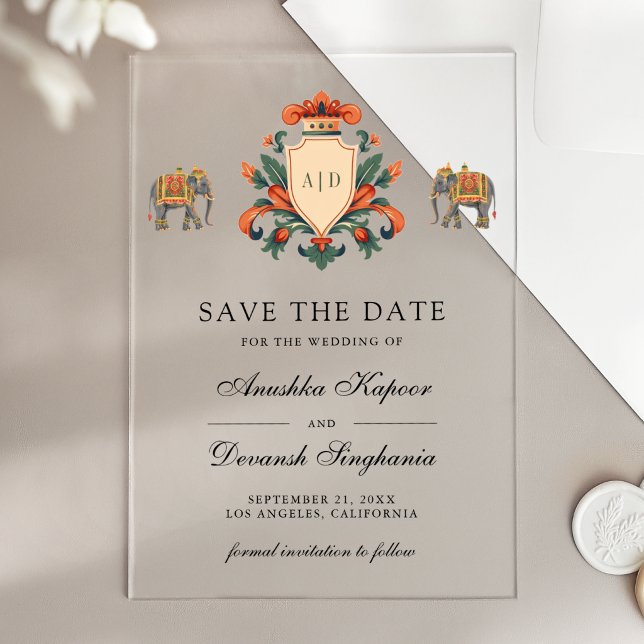 Royal Crest Elephant Indian Wedding Save the Date Acrylic Invitations (Creator Uploaded)