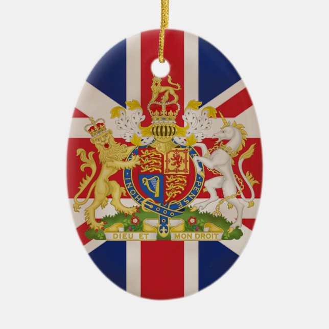 Royal Crest on Union Jack. Ceramic Tree Decoration (Front)
