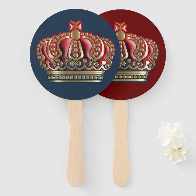Royal Cross Crown - Gold Blue Red Hand Fan (Front and Back)