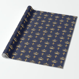 Royal Crown and Fleur de Lis Pattern on Blue Wrapping Paper
