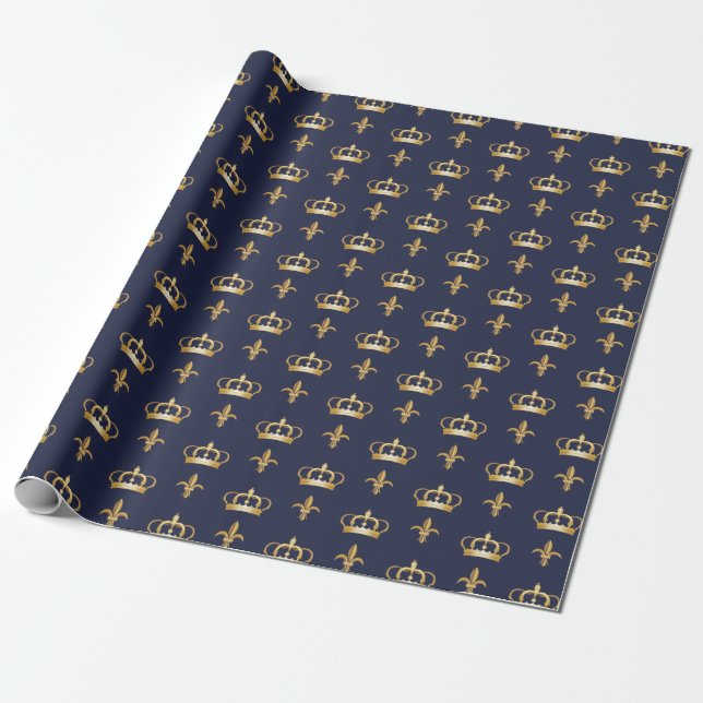 Royal Crown and Fleur de Lis Pattern on Blue Wrapping Paper (Unrolled)