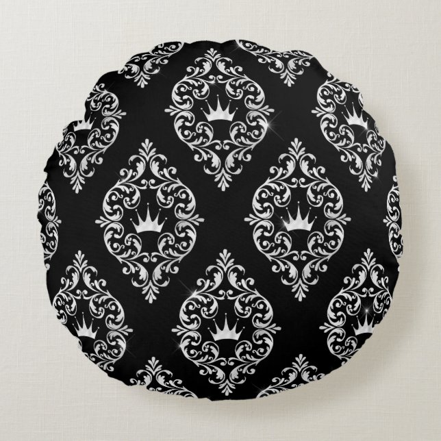 Royal Crown Black and White Damask Round Pillow (Front)