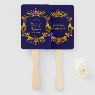 Royal Crown Blue and Gold Flourishes Wedding Hand Fan