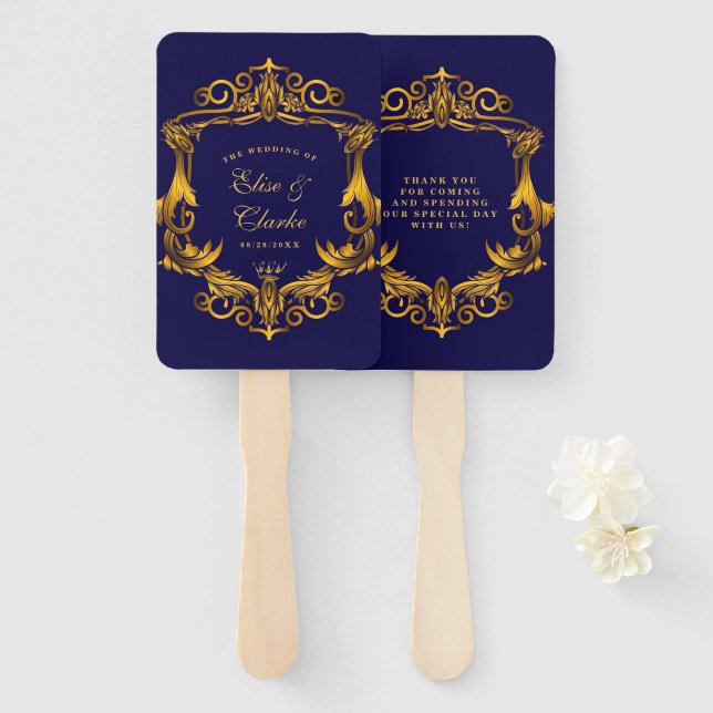 Royal Crown Blue and Gold Flourishes Wedding Hand Fan (Front and Back)