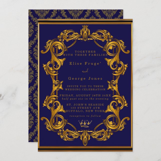 Royal Crown Blue and Gold Flourishes Wedding Invitation (Front/Back)