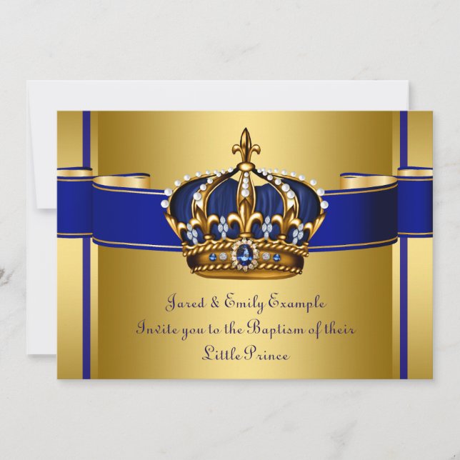 Royal Crown Blue and Gold Prince Baptism Invitation (Front)