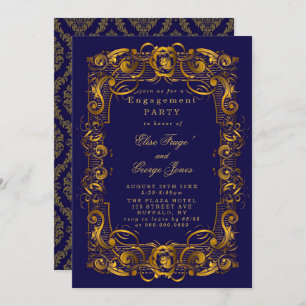 Royal Crown Blue Gold Flourishes Engagement Party Invitation