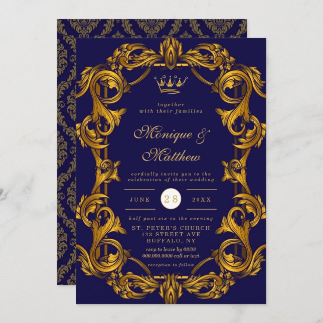 Royal Crown Blue Gold Flourishes Wedding Invitation (Front/Back)