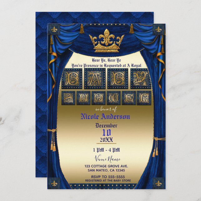 Royal Crown Blue & Gold Prince Baby Shower Invitation (Front/Back)