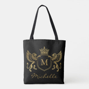 Royal Crown Emblem Lions Monogram Script Gold Tote Bag