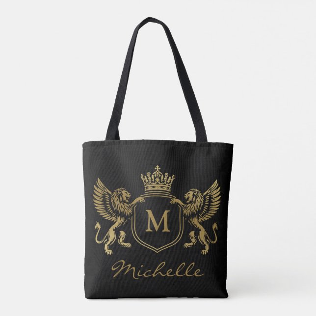 Royal Crown Emblem Lions Monogram Script Gold Tote Bag (Back)
