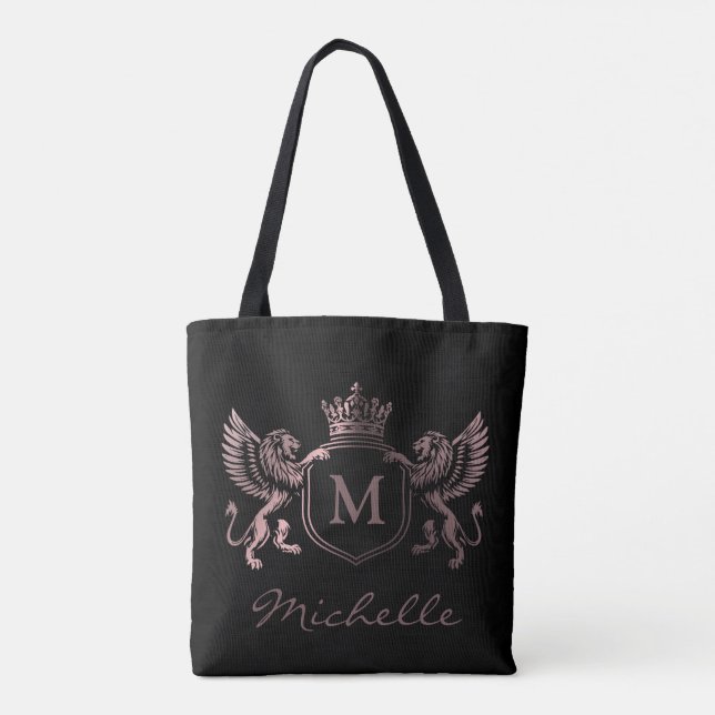 Royal Crown Emblem Lions Monogram Script Rose Gold Tote Bag (Back)