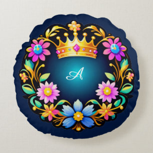 Royal Crown Floral Frame Round Cushion