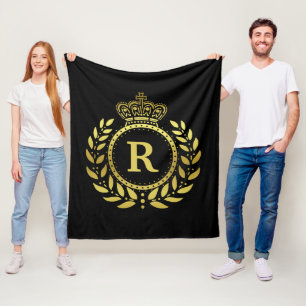 Royal Crown Laurel Wreath Black Gold Monogrammed Fleece Blanket