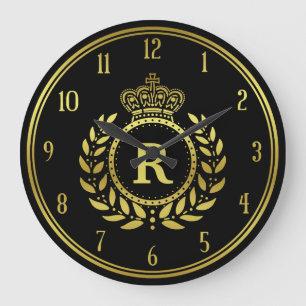 Royal Crown Laurel Wreath Black Gold Monogrammed Large Clock