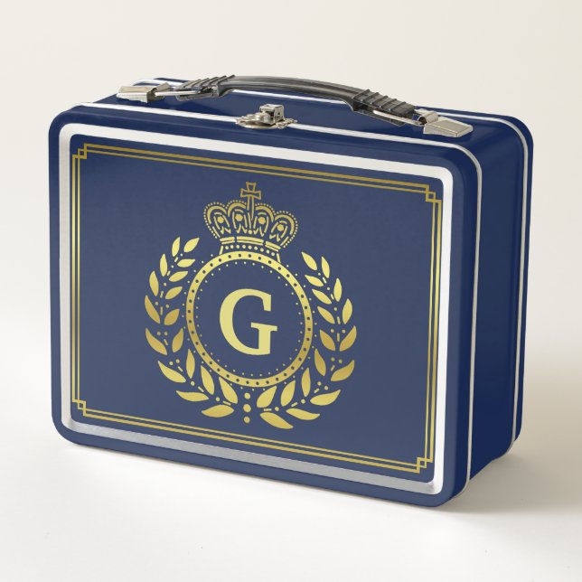 Royal Crown Laurel Wreath Black Gold Monogrammed Metal Lunch Box (Front)