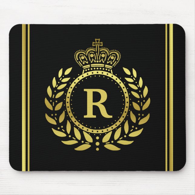 Royal Crown Laurel Wreath Black Gold Monogrammed Mouse Pad (Front)
