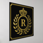 Royal Crown Laurel Wreath Monogrammed Black Gold Foil Prints<br><div class="desc">This royalty-inspired foil print design includes a geometric frame in classy Art Deco style with an elegant laurel wreath and crown motif. Your personalised monogram letter fills the centre. Use the easy template to add your text. The background is black, and the rest of the design is printed in real...</div>