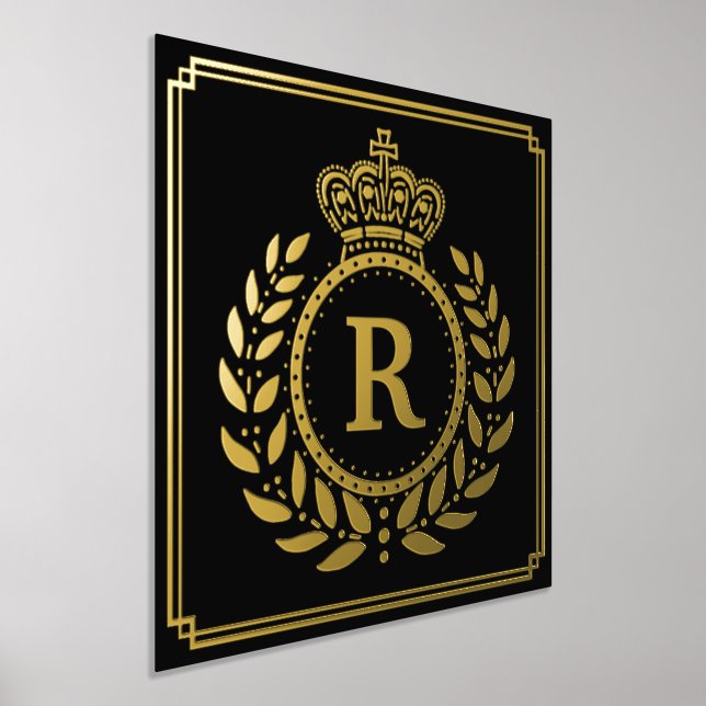 Royal Crown Laurel Wreath Monogrammed Black Gold Foil Prints (Laydown)