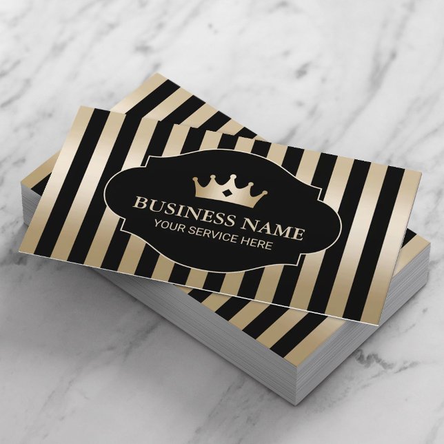Royal Crown Modern Gold Stripes Luxury Black Business Card (Creator Uploaded)