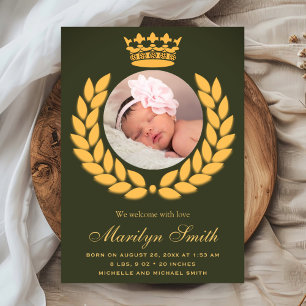 Royal Crown Olive Green Photo Birth Announcement