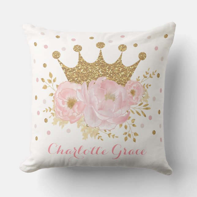 Royal Crown Princess Blush Pink Floral Baby Girl Cushion (Front)