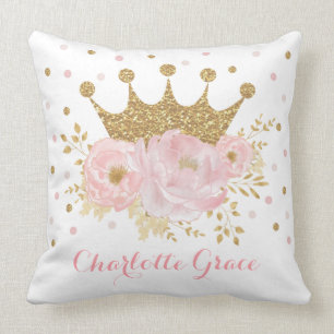 Royal Crown Princess Blush Pink Floral Baby Girl Cushion
