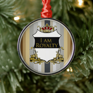 Royal Crown Shield Brown Yellow Gray Striped Metal Ornament