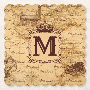 Royal Crown Vintage Name Pattern Beige Paper Coaster