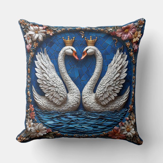 Royal Crowned Swans Elegant Wedding Love Birds Cushion (Front)