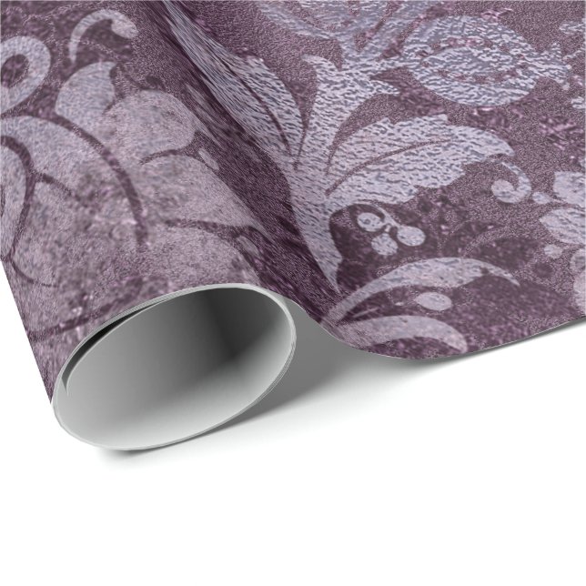 Royal Damask Distressed Purple Plum Floral Grey Wrapping Paper (Roll Corner)