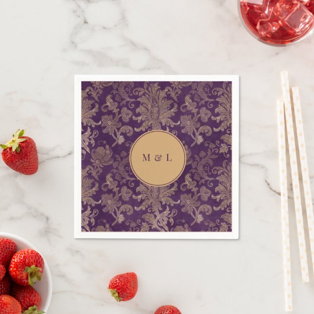 Royal Damask Gold Purple Monogram Paper  Napkin (Insitu)