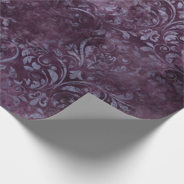 Royal Damask Grunge Purple Plum Floral Grey Blue Wrapping Paper (Corner)