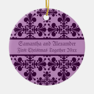 Royal Damask purple and lavender first Christmas Ceramic Ornament