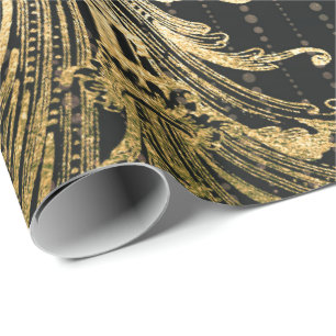 Royal Damask Sepia Faux Gold Floral Black Drops Wrapping Paper