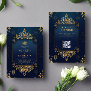 Royal dark blue Gold Floral QR Code Muslim Wedding Invitation