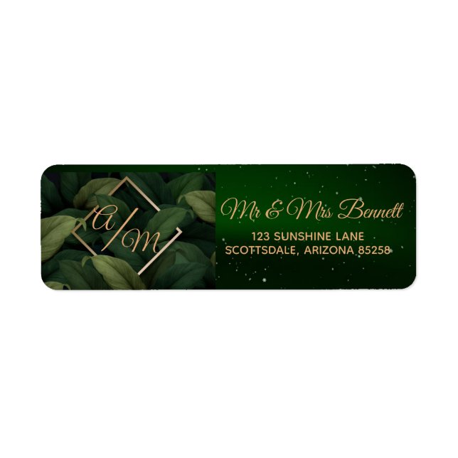 Royal Dark Green Leaves Gold Frame Return Address Label (Front)