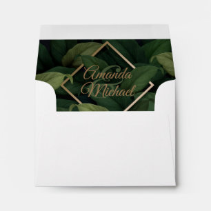 Royal Dark Green Leaves Gold Frame Wedding Envelope
