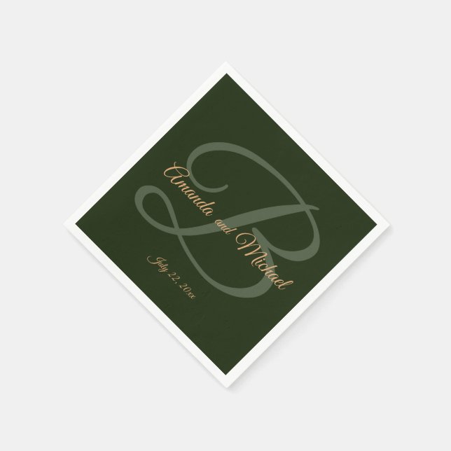 Royal Dark Green Leaves Gold Frame Wedding Paper Napkin (Corner)