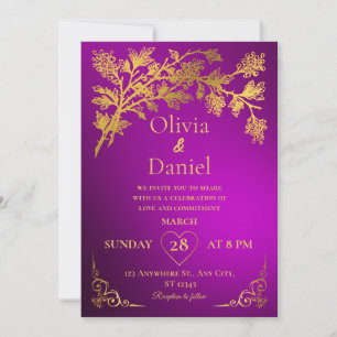 Royal Dark Purple & Gold Floral Wedding Invitation