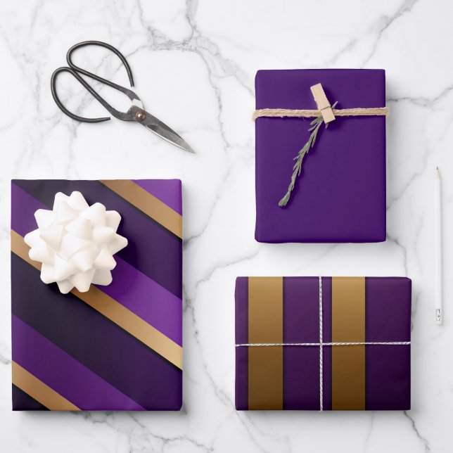 Royal Deep Purple and Gold Striped Wrapping Paper Sheet (Front)