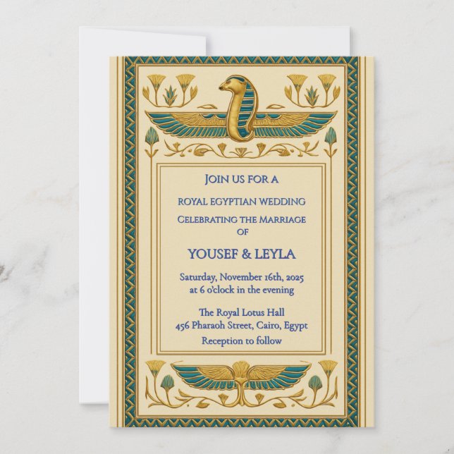 Royal Egyptian Winged Cobra Lotus Gold Wedding Invitation (Front)