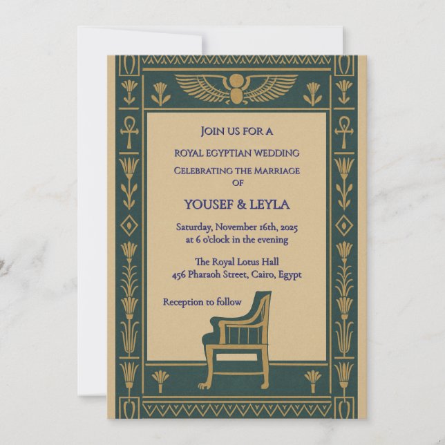 Royal Egyptian Winged Scarab & Throne Gold Wedding Invitation (Front)